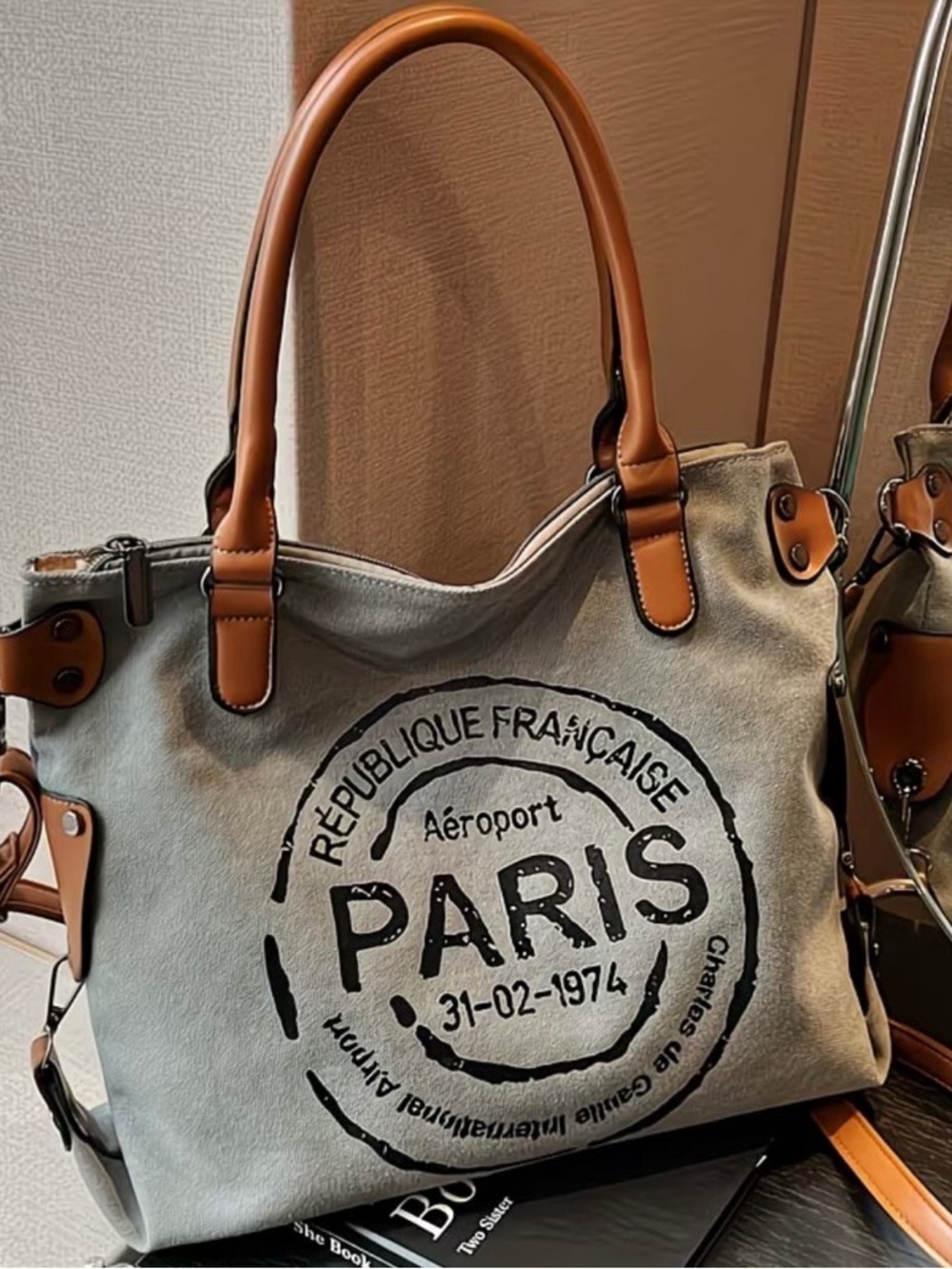 Canvas Paris crossbody Bag with Tan Handles NWOT